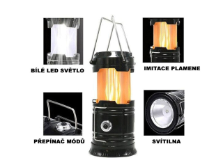 Lampa Campingová CL102, LED, efekt plamen, USB nabíjení, solární
