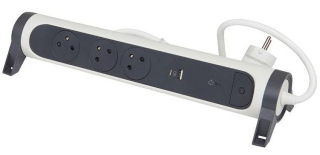Přívod prodlužovací 1,5,m 3zásuvka 230V/16A 3X2P+T 2xUSB přepěťová ochrana IP20 bílá/tm.š